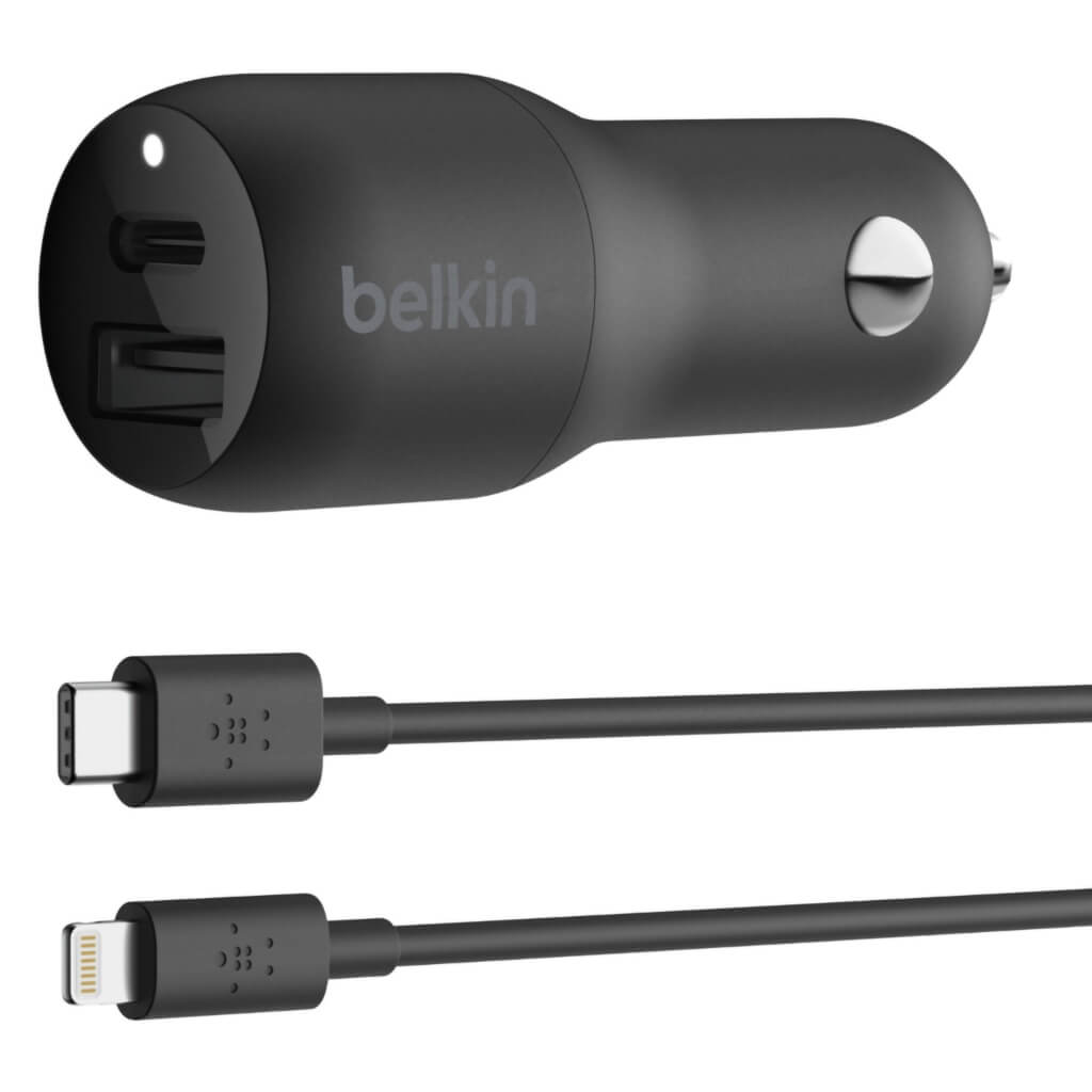 Belkin Cargador de Carro Doble + Cable USB-C a Lighthing, CCB003bt04BK