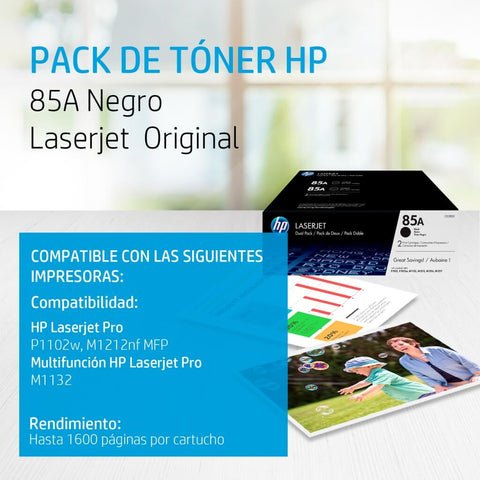 HP Set Tóner de Tinta Original Negro 85A LaserJet CE285AD, 2 Unidades