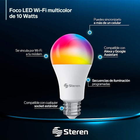 Steren Bombillo Inteligente Wi-Fi LED RGB 10W, SHOME-120