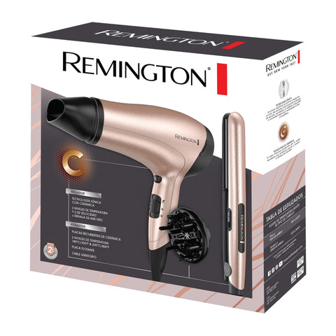 Remington Combo Plancha Alisadora + Secadora Rose Gold, D3015-S1520-F