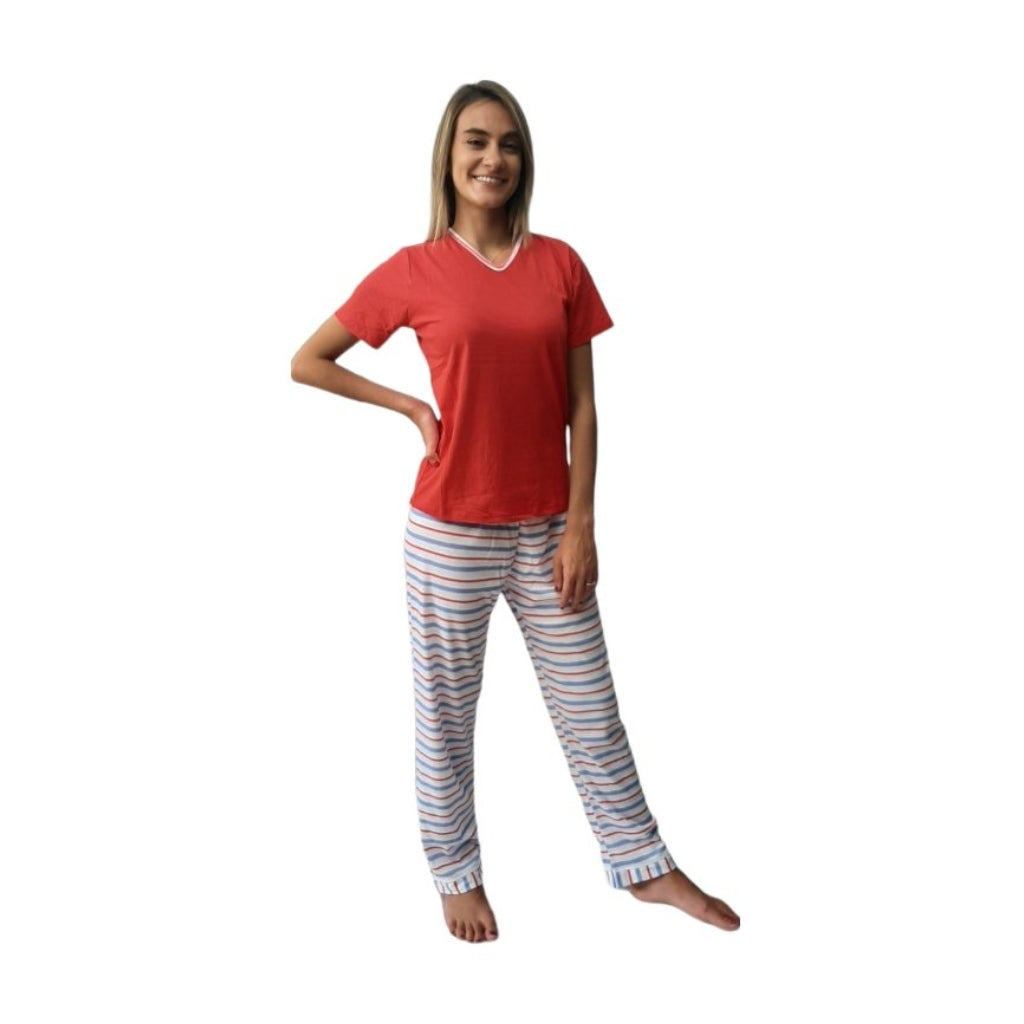 Chachá Pijama de Algodón Rayas Rojo y Celeste, para Mujer