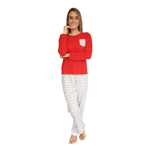 Chachá Pijama de Algodón Rojo con Gris, para Mujer